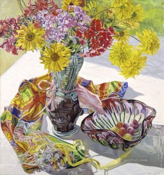  JF Painting - flowers in glass and scarf JF realism still life